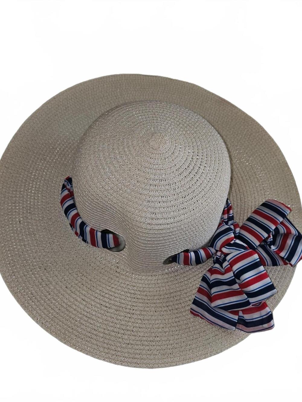 White Wide Brim Sun Hat with Striped Bow